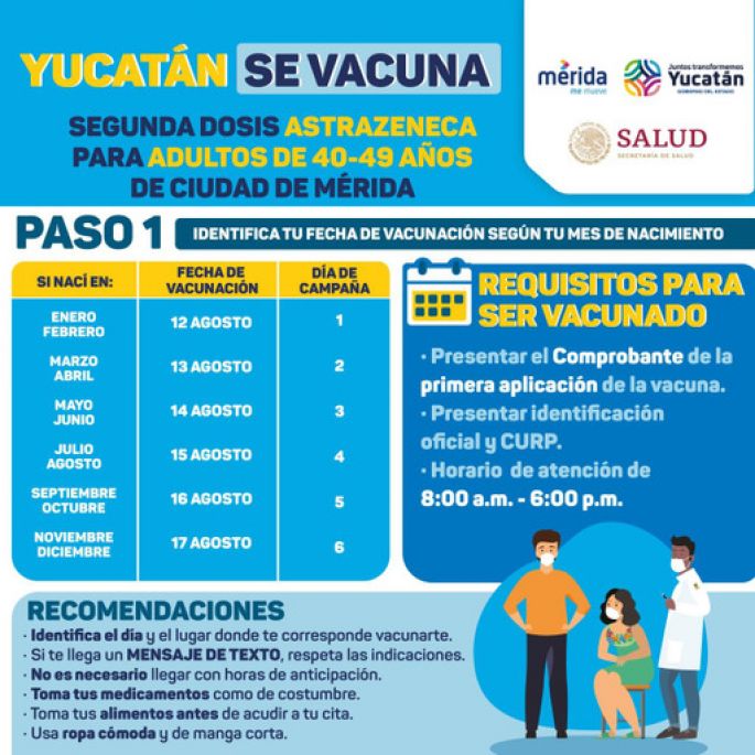 Del 12 al 17 de agosto la segunda dosis de la vacuna anti covid para cuarentones de Mérida 