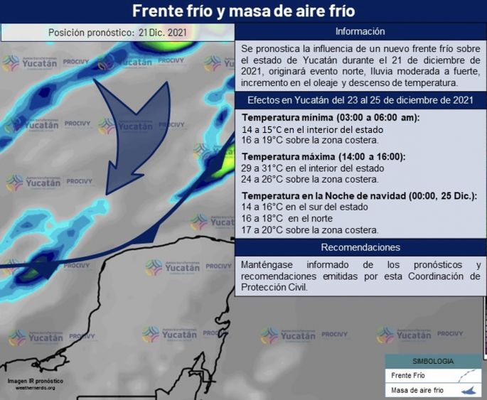 Frente frío con cambios de temperatura, lluvias y vientos, en días previos a Navidad
