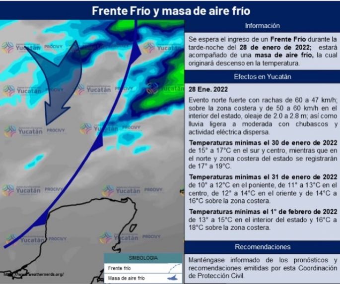 Frente frío mantendrá norte y bajas temperaturas en Yucatán, este fin de semana