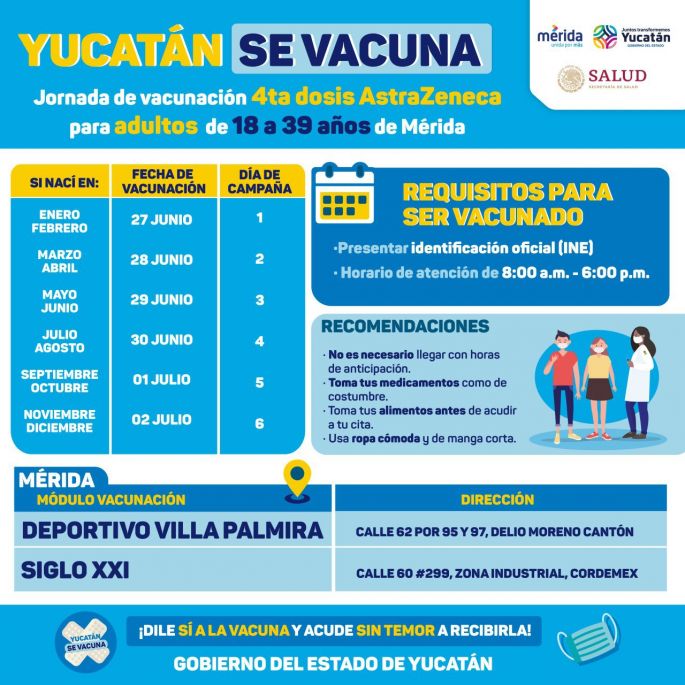 Personas de 18 a 39 años de Mérida estarán recibiendo cuarta dosis del 27 de junio al 2 de julio