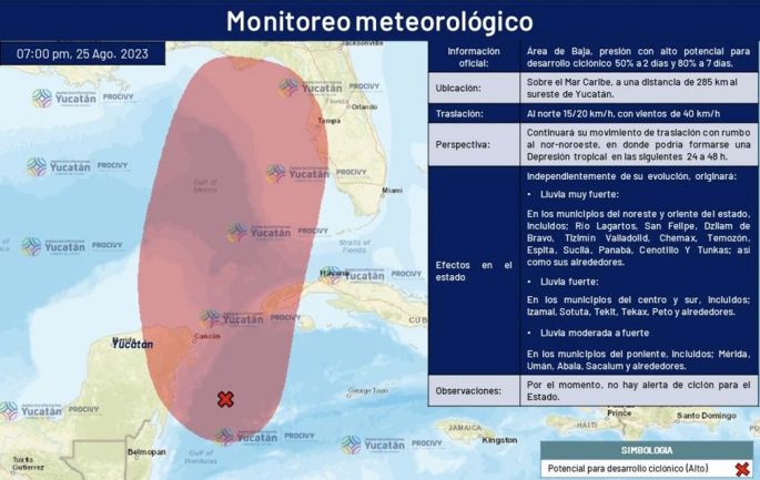 Se esperan lluvias de moderadas a muy fuertes en territorio yucateco y la posible formación el domingo de una tormenta tropical