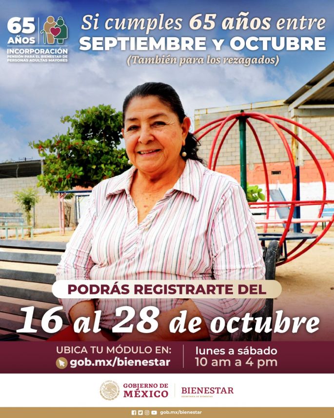 Del 16 al 28 de octubre, registro a pensión de adultos mayores