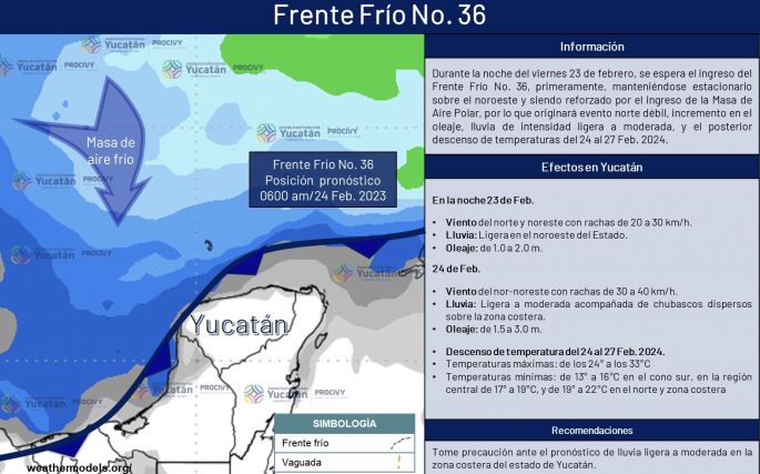 Continuarán las bajas temperaturas en Yucatán por ingreso este viernes del frente frío No. 36