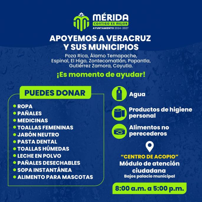 Ayuntamiento de Mérida instala centro de acopio en apoyo a familias de Veracruz