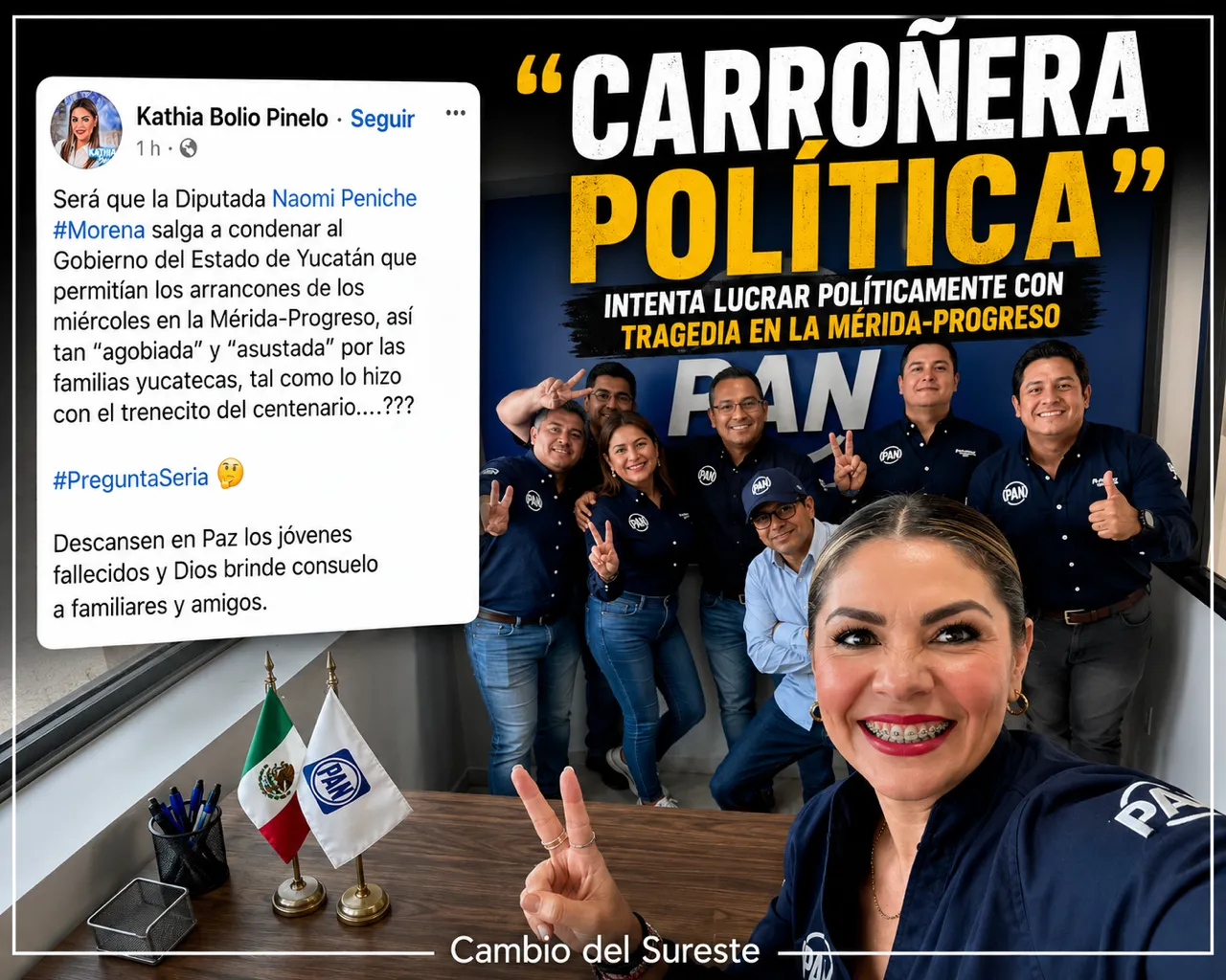 “Carroñera política”: tunden a Kathia Bolio por publicación tras tragedia en la Mérida–Progreso